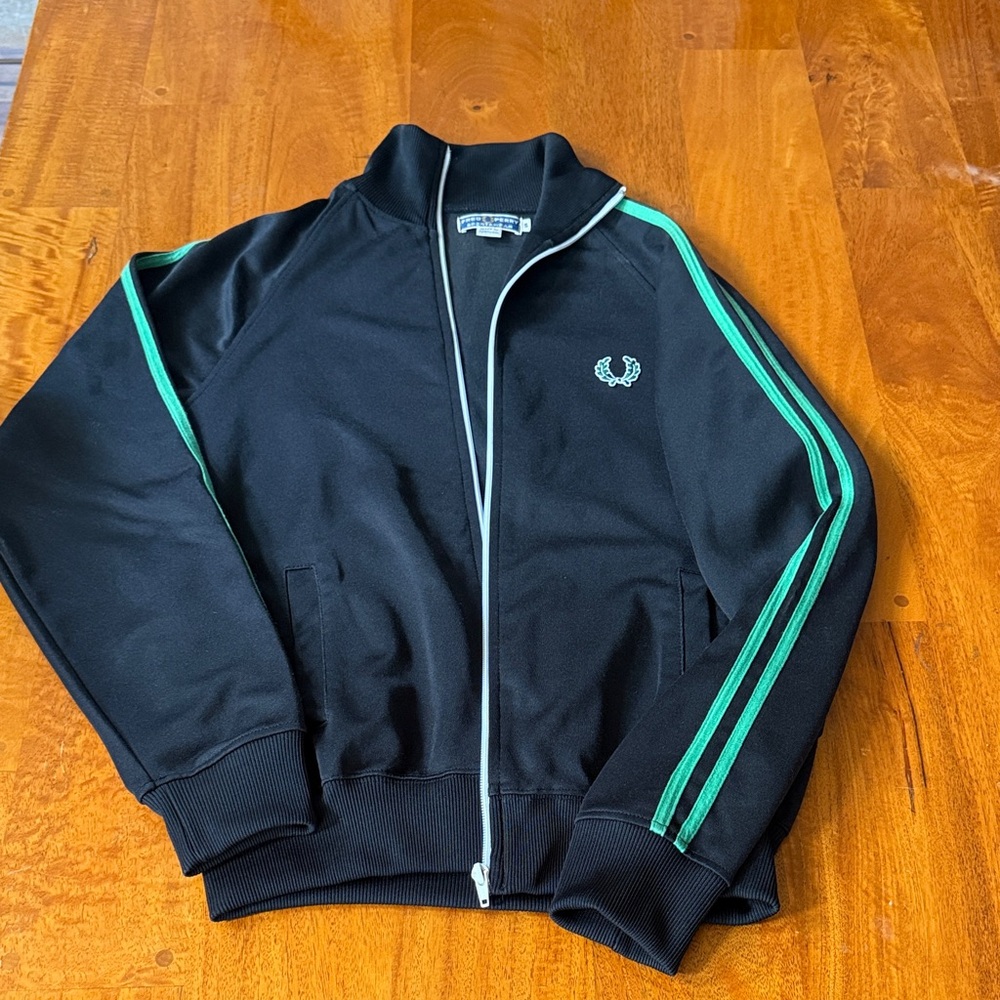 Fred Perry Black Track Jacket with Teal Green Stripes